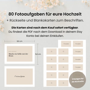80 Fotoaufgaben zur Hochzeit mit Rückseite + Blankokarten als PDF zum Ausdrucken / Fotospiel / Hochzeitsspiel / Polaroidgästebuch image 3