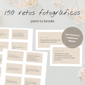 May include: A set of photo challenge cards for a wedding, with the text "150 photographic challenges for your wedding." The cards are beige with black text, and some have Spanish text. A round card says "with back and blank cards."