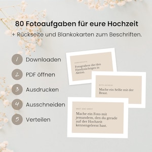 80 Fotoaufgaben zur Hochzeit mit Rückseite + Blankokarten als PDF zum Ausdrucken / Fotospiel / Hochzeitsspiel / Polaroidgästebuch image 2