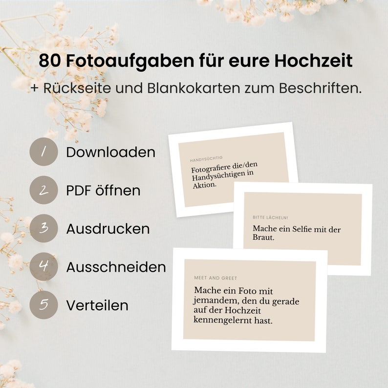 80 Fotoaufgaben zur Hochzeit mit Rückseite + Blankokarten als PDF zum Ausdrucken / Fotospiel / Hochzeitsspiel / Polaroidgästebuch image 2