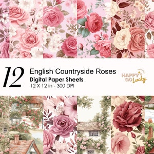 Englische Landschaft Cottage Musterdesign, Dusty Rose Digital Papier, Floraler Hintergrund, Vintage Blume Scrapbook druckbares digitales Papier