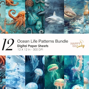 Patrón sin costuras de vida oceánica, papel digital de tiburón, fondo de pulpo, papel digital imprimible de criaturas marinas, papel de álbum de recortes de medusas