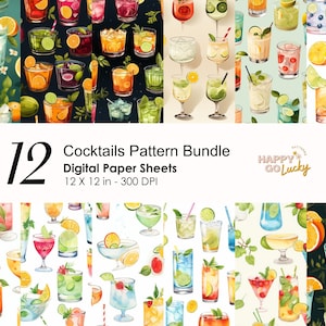 Cocktails Seamless Pattern, Alcohol Digital Paper, Drinks Background, Printable Digital Paper, Watercolour Cocktails Scrapbook Paper