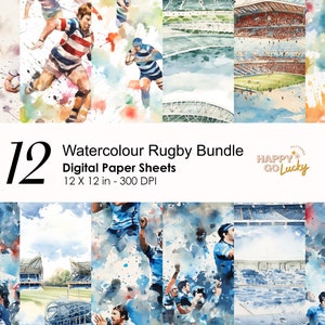 Modèle sans couture de rugby aquarelle, papier numérique sportif, fond de stade sportif, papier numérique imprimable, papier scrapbook de joueur de rugby