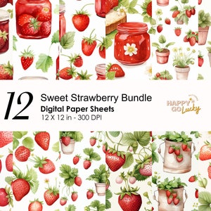 Könnte beinhalten: Ein digitales Papierpaket mit 12 nahtlosen Mustern mit Aquarell-Illustrationen von Erdbeeren, Marmeladengläsern und Topfpflanzen. Die Muster sind 30,48 cm x 30,48 cm groß und haben eine Auflösung von 300 DPI.