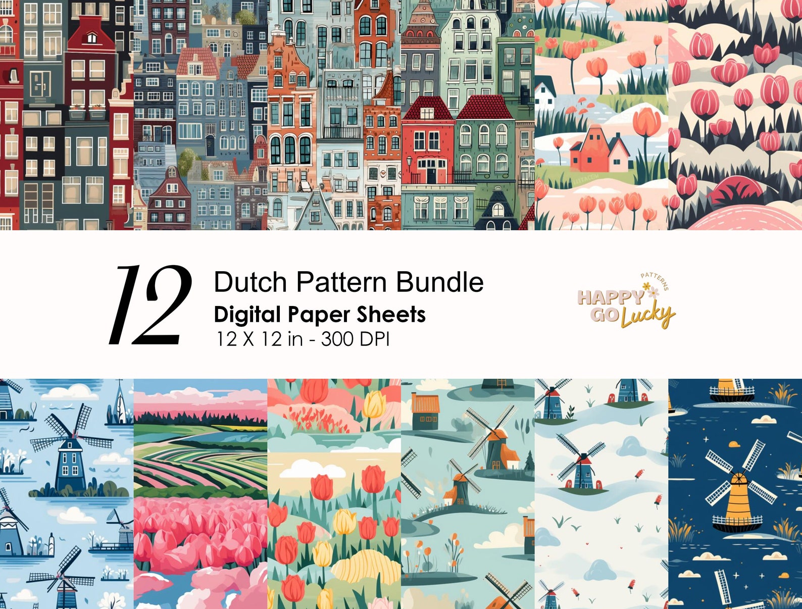 Dutch Houses Seamless Pattern, Tulip Fields Digital Paper, Windmills ...