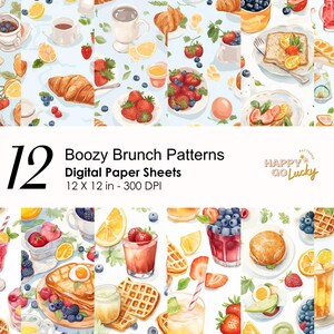 Könnte beinhalten: Zwölf digitale Papierbögen mit einem Aquarellmuster zum Thema „Boozy Brunch“. Das Muster enthält Croissants, Waffeln, Obst, Cocktails und andere Brunch-Speisen. Der Text „Boozy Brunch Patterns“ und „12 x 12 in - 300 DPI“ ist im Bild enthalten.