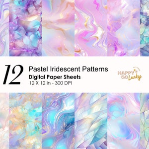Puede incluir: Un conjunto de 12 hojas de papel digital con patrones pastel iridiscentes. Los patrones incluyen remolinos, mármol y diseños geométricos. Los papeles miden 30,48 cm por 30,48 cm y 300 DPI.