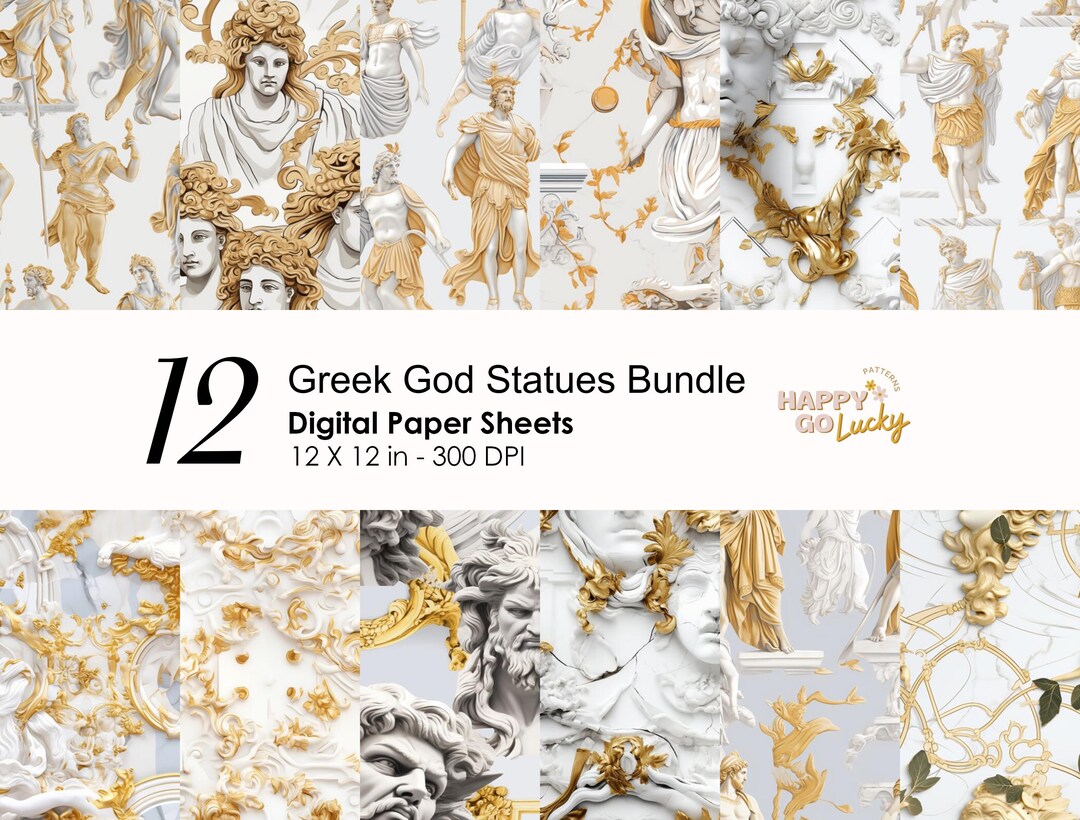 Greek God Seamless Pattern, Marble Statue Digital Paper, White and Gold ...