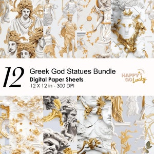 Modèle sans couture de Dieu grec, papier numérique de statue de marbre, fond blanc et or, papier numérique imprimable, papier scrapbook majestueux