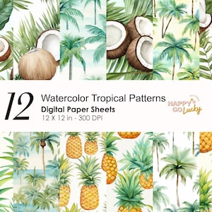 Patrón sin costuras de frutas tropicales, papel digital de cocos, fondo de frutas, papel digital imprimible de piñas, papel de álbum de recortes de palmeras