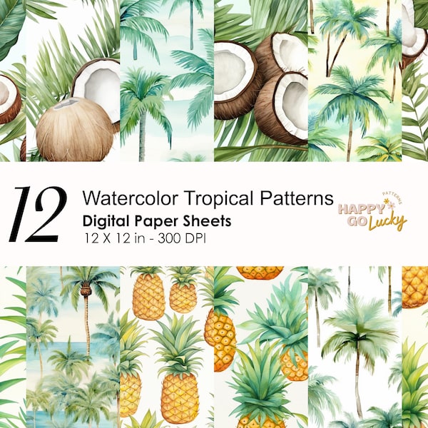 Tropical Fruits Seamless Pattern, Coconuts Digital Paper, Fruit Background, Pineapples Printable Digital Paper, Palm Trees Scrapbook Paper