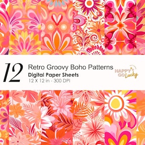 May include: A set of 12 digital paper sheets featuring retro groovy boho patterns in shades of pink, orange, and yellow. The patterns are made up of flowers, leaves, and swirls. The text "12 Retro Groovy Boho Patterns Digital Paper Sheets 12 x 12 in - 300 DPI" is displayed on a white banner.