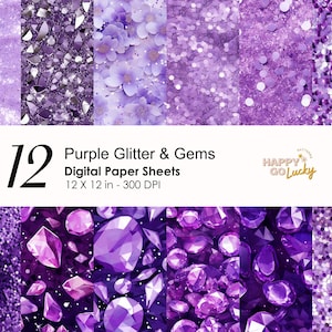 Purple Glitter and Gems Seamless Pattern, Shimmering Digital Paper, Diamond Background, Printable Digital Paper, Sparkling Scrapbook Paper