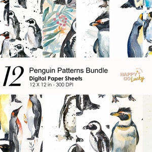 Aquarel pinguïns naadloze digitale patroon, Crested, Afrikaanse, keizerspinguïn digitale papier achtergrond, dierlijke afdrukbare scrapbook papier