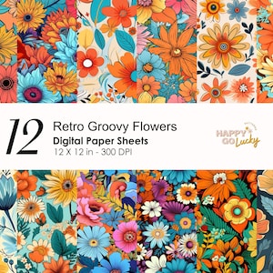 Patrones digitales sin costuras de flores retro groovy, papel digital floral colorido, fondo boho, papel digital imprimible papel de álbum de recortes de los años 70