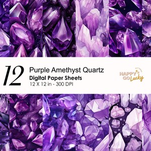 Puede incluir: Doce hojas de papel digital con un primer plano de cristales de cuarzo amatista púrpura. Los papeles miden 30,5 x 30,5 cm y 300 DPI.