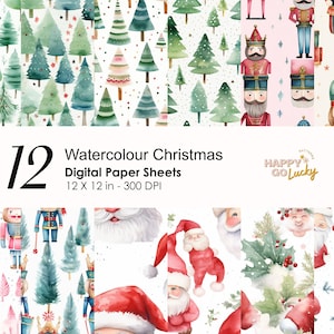 May include: Twelve digital paper sheets featuring watercolour Christmas designs. The designs include a nutcracker, Santa Claus, Christmas trees, and holly berries. The paper sheets are 12 inches by 12 inches and 300 DPI.