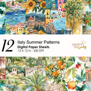 Zomer in Italië naadloos patroon, Amalfikust digitaal papier, Italiaanse bezienswaardigheden achtergrond afdrukbaar digitaal papier Rome toeristische plakboek