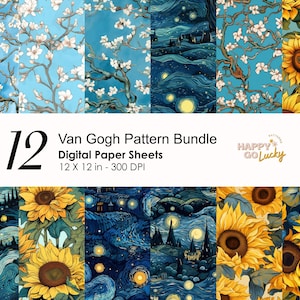 Patrón sin costuras de Van Gogh, papel digital de girasol, fondo de noche estrellada, papel digital imprimible, papel de álbum de recortes de flores de almendro