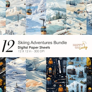 Modèle sans couture de ski, Papier numérique pour équipement de ski, Fond de sport d'hiver, Papier numérique imprimable pour téléphérique, Papier de scrapbooking Montagnes enneigées