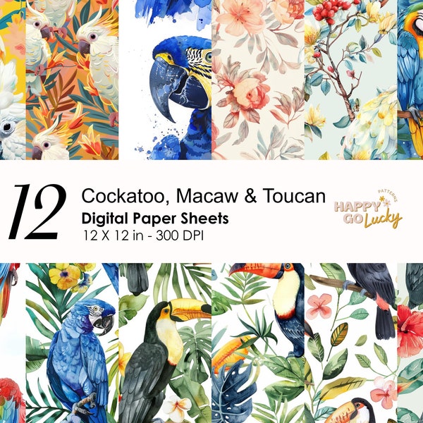 Macaw, Toucan, Cockatoo Parrot Seamless Digital Pattern, Colorful Exotic Birds Digital Paper Animal Background Pet Printable Scrapbook Paper