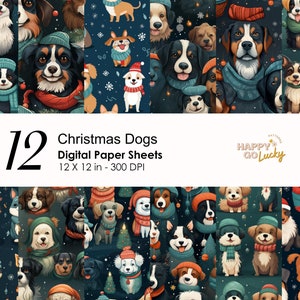 クリスマスの犬のシームレスなパターン、冬のデジタルペーパー、スカーフとビーニー帽をかぶった犬の背景、印刷可能なデジタルペーパー、ホリデー スクラップブック ペーパー