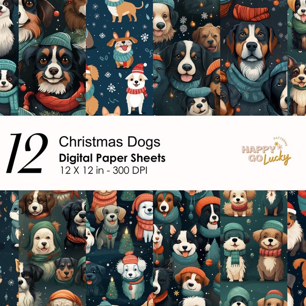 Christmas Dogs Seamless Pattern, Winter Digital Paper, Dogs in Scarves & Beanie Background, Printable Digital Paper, Holiday Scrapbook Paper