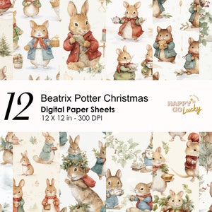Beatrix Potter estilo Navidad patrón sin costuras, papel digital de conejos, fondo de ratones, papel digital imprimible lindo papel de álbum de recortes de roedores
