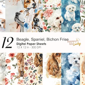 Beagle, Cocker Spaniel & Bichon Frise Hunde Muster, süße kleine Hunde digitales Papier, Tier Hintergrund, druckbares Scrapbook-Papier