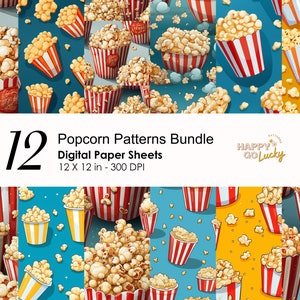 Bucket of Popcorn Seamless Pattern, Movie Popcorn Digital Paper, Food Background, Snack Printable Digital Paper, Popped Corn Scrapbook Paper