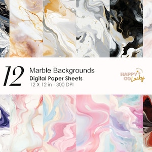 May include: Twelve digital paper sheets with marble backgrounds in various colors, including black, white, gold, pink, blue, and purple. Each sheet is 12 inches by 12 inches and 300 DPI.