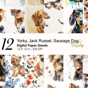 Yorky, Jack Russel, Sausage Dogs Nahtloses digitales Muster, süße kleine Hunde Digital Papier, Tier Hintergrund, Haustier druckbares Scrapbookpapier