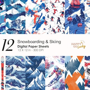 Modèle sans couture de ski, papier numérique Jeux olympiques de sports d'hiver, fond de snowboard, papier numérique imprimable téléphérique, scrapbooking montagnes