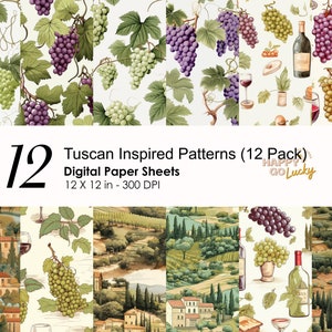 May include: Twelve digital paper sheets featuring Tuscan-inspired patterns. The patterns include grapes, wine bottles, glasses, and Italian countryside scenes. Each sheet is 12 inches by 12 inches and 300 DPI.