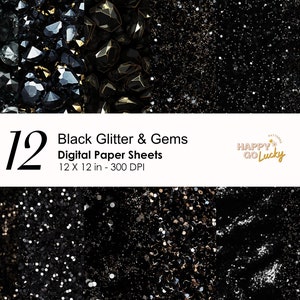 Schwarzes Glitzer und Edelsteine nahtloses Muster, glänzendes digitales Papier, Diamant-Hintergrund, druckbares digitales Papier mit Pailletten, funkelndes Scrapbook-Papier