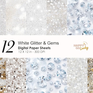 White Glitter and Gems Seamless Pattern, Shimmering Digital Paper, Diamond Background, Printable Digital Paper, Sparkling Scrapbook Paper