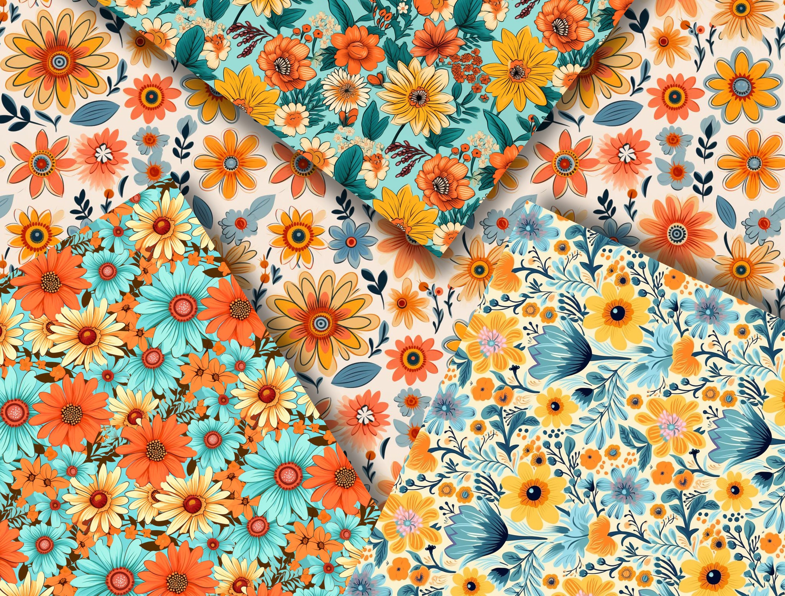 Retro Groovy Flowers Seamless Digital Patterns, Colourful Floral ...