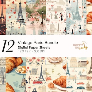 vintage Paris Nostalgia Seamless Pattern, Papier numérique Tour Eiffel, Fond Croissant, Papier numérique imprimable, Papier Scrapbook France
