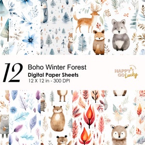 Aquarelle Boho Winter Seamless Pattern, Papier numérique d’animaux de la forêt, Fond de renard, Feuilles d’hiver Papier numérique imprimable Scrapbook Paper