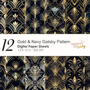 Modello senza cuciture del Grande Gatsby, carta digitale glamour, sfondo blu scuro e oro, carta digitale stampabile, carta per album dei ruggenti anni '20