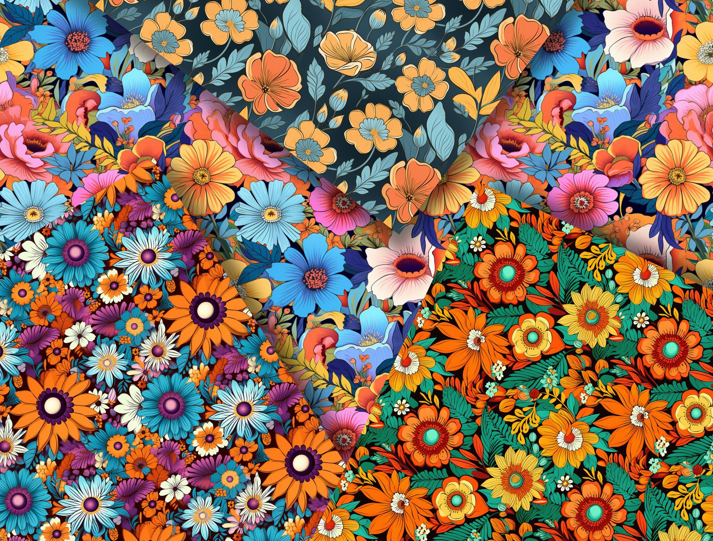 Retro Groovy Flowers Seamless Digital Patterns, Colourful Floral ...