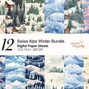 Peut inclure: Un pack de papier numérique avec 12 motifs sur le thème de l'hiver représentant des paysages des Alpes suisses, des montagnes enneigées et des chalets confortables. Les motifs mesurent 30,48 cm par 30,48 cm et 300 DPI. Le texte "Swiss Alps Winter Bundle" et "12 Digital Paper Sheets" est inclus dans l'image.