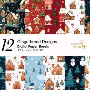 May include: A set of 12 digital paper sheets with gingerbread designs. The patterns include gingerbread houses, trees, and festive motifs. Each sheet measures 12 x 12 inches (30.48 x 30.48 cm) and has a resolution of 300 DPI.
