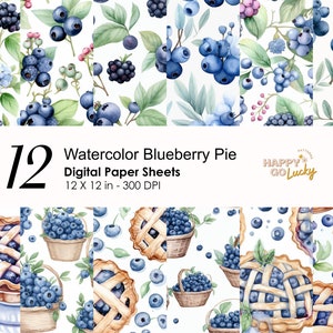 Watercolour Blueberry Pie Seamless Pattern, Berry Digital Paper, Baked Goods Background, Printable Digital Paper, Pie Scrapbook Paper