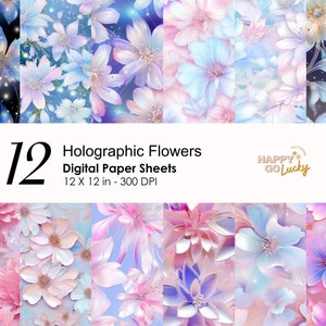 Holographische Blumen Musterdesign, magisches florales digitales Papier, glänzender Hintergrund, bedruckbares digitales Papier, Pastellpapier für Scrapbook