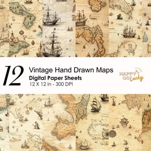 Vintage mapas dibujados a mano patrón sin costuras, papel digital de barco, fondo de estilo antiguo, papel digital imprimible, papel de álbum de recortes pirata