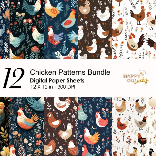 Whimsical Chickens Seamless Digital Pattern, Farm Animal Digital Paper, Bird Background, Printable Digital Paper, Rooster Scrapbook Paper