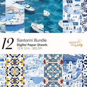 Modello senza cuciture case di Santorini, carta digitale greca, sfondo yacht, carta digitale stampabile con piastrelle, carta per album vacanze in Grecia