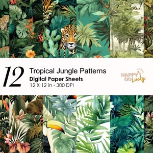 Modèle sans couture de jungle tropicale luxuriante, papier numérique singes, fond toucan, papier numérique imprimable perroquets, papier de scrapbooking léopard